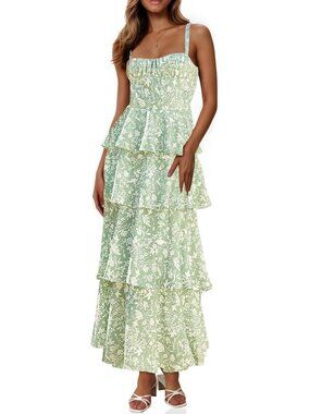 White & Green X-Large Floral Maxi Dress with Spaghetti Straps and Ruffle Detail